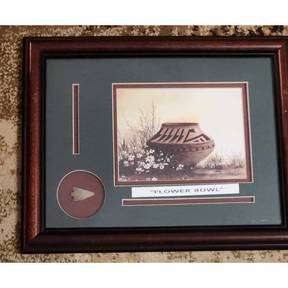Native American Real Arrow Head and Matted Painting Framed Flower Bowls - Picture 4 of 7